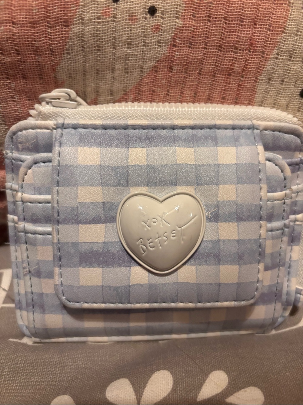 Betsey Johnson Blue and White Gingham Heart Badge Mini Wallet